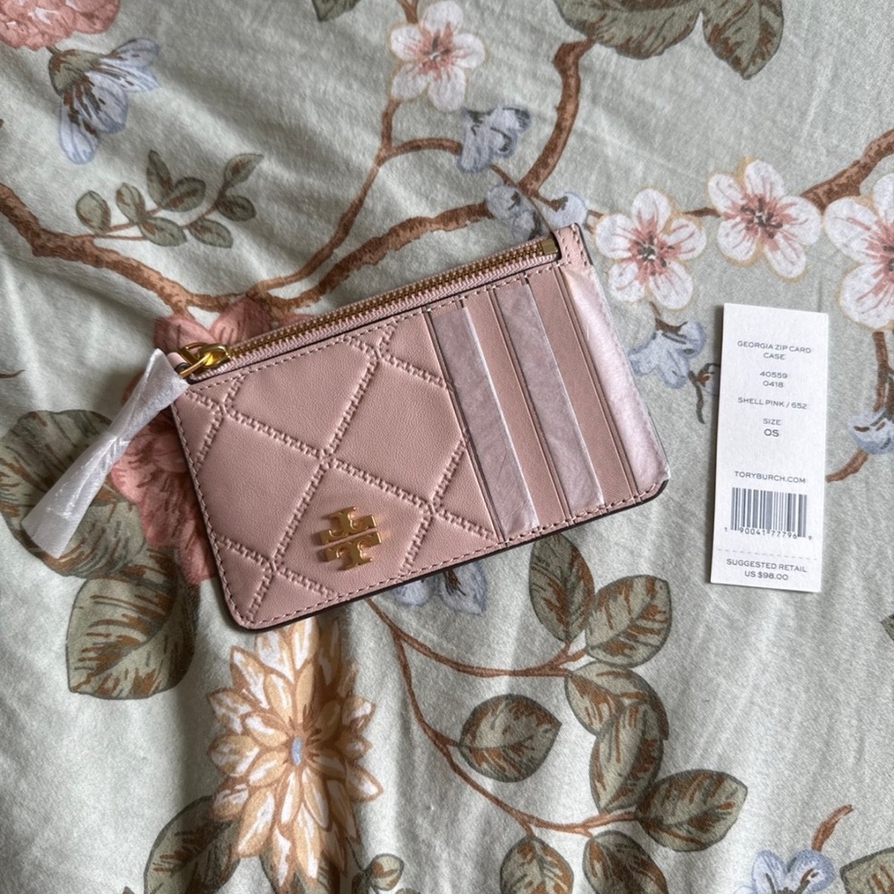 Tory Burch Georgia Quilted Zip Shell Pink Card Case